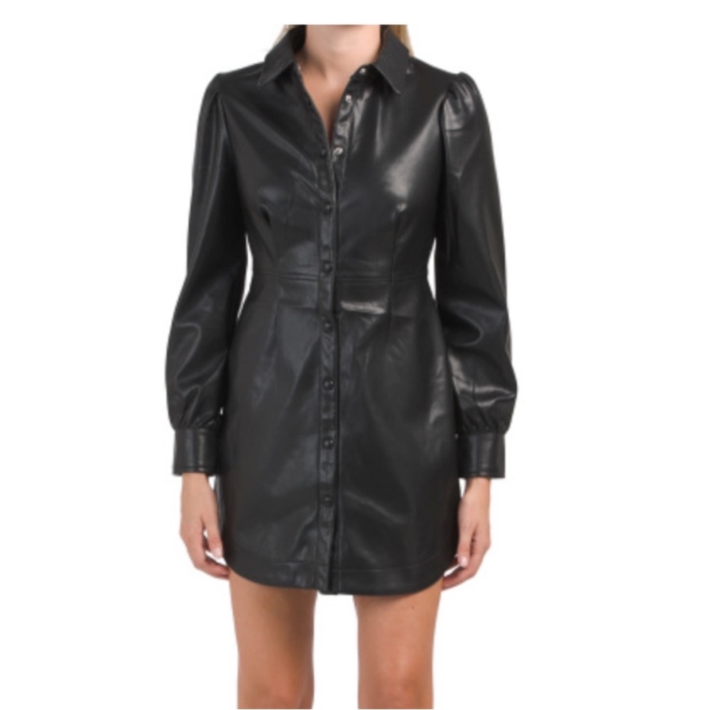 7 For All Mankind Black Vegan Leather Puff Sleeve Button DownDress